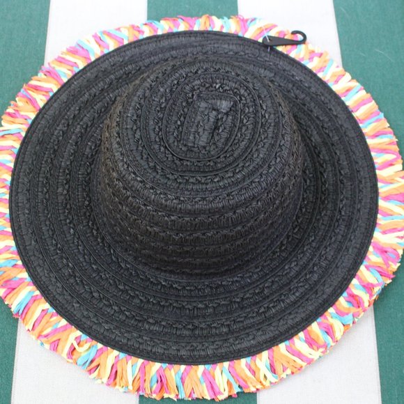 NWT Betsey Johnson Black Summer Hat With  Rainbow Fringe - Picture 3 of 6